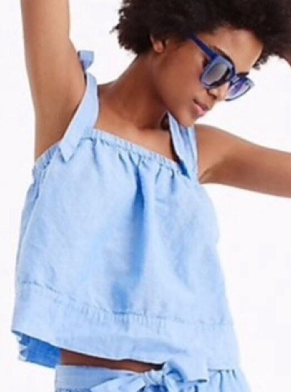 J Crew Top Tank Tie Shoulder L Blue Boho Cottagecore 60% Linen Beachy NWT